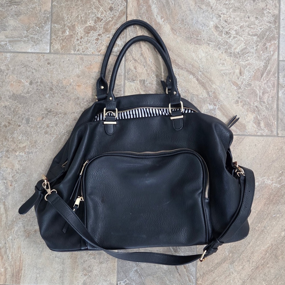 Lulus Black Faux Leather Satchel Shoulder Bag Convertible Crossbody Work Travel